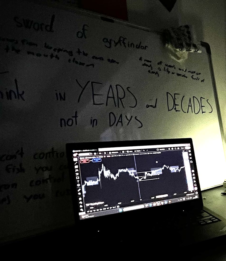 Whiteboard on a desk at night reading 