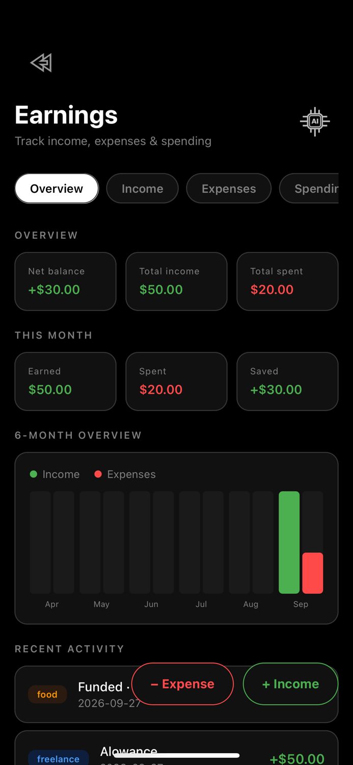 Orbiont earnings screen with income, expenses and a six month overview